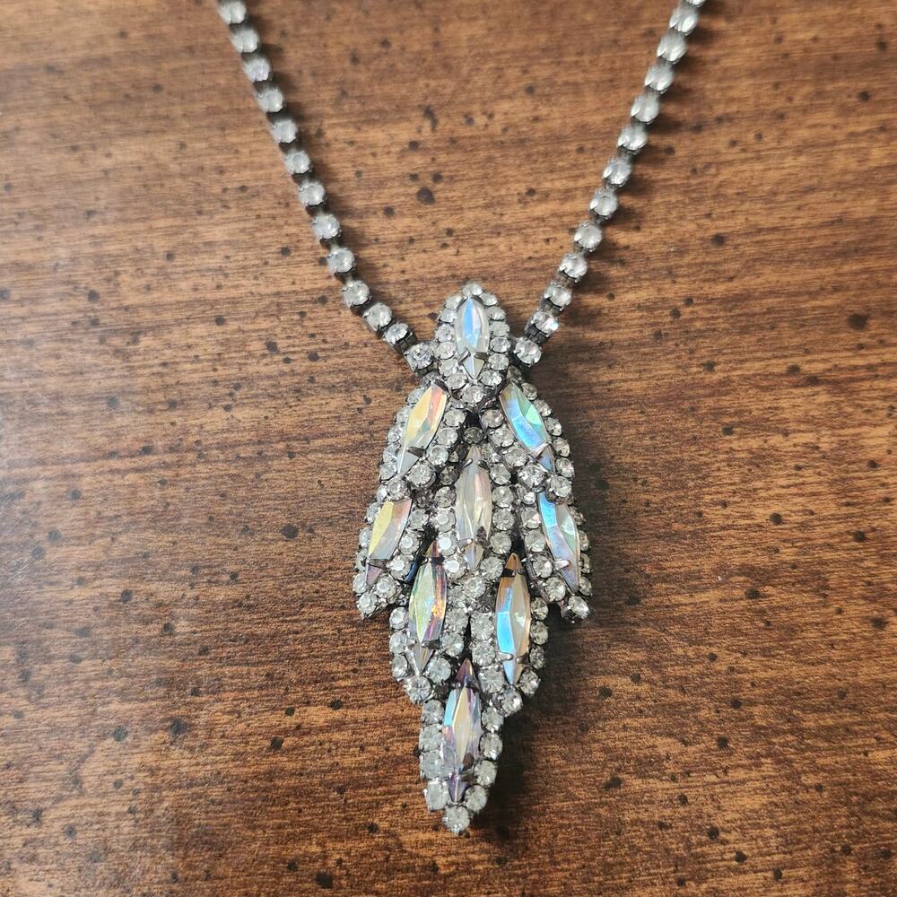 Vintage Glass Rhinestone Necklace Aurora Borealis Marquise Waterfall Pendant